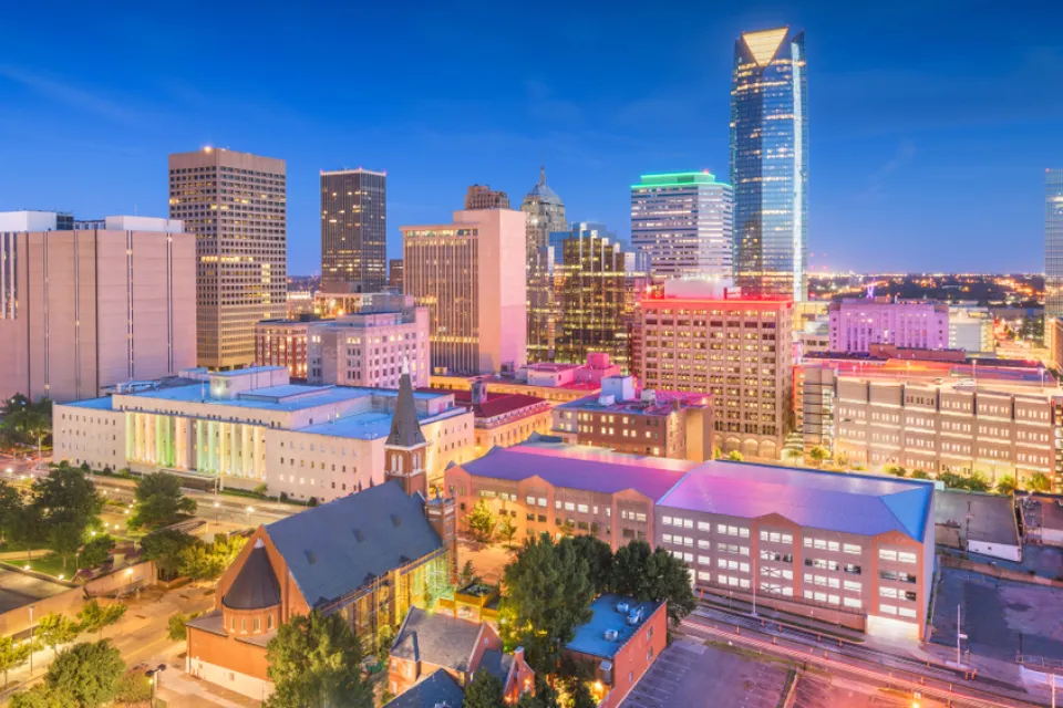 Nighttime view of Oklahoma City skyline